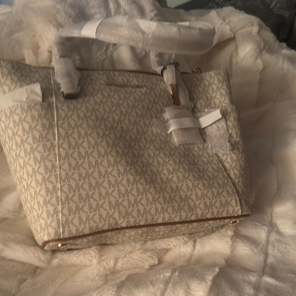 Michael Kors Cream Structured Tote with Leather Trim